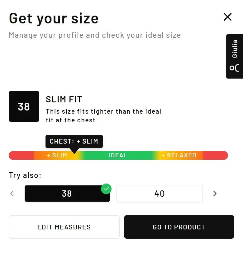 SizeFlow: recommended size 38, slim fit