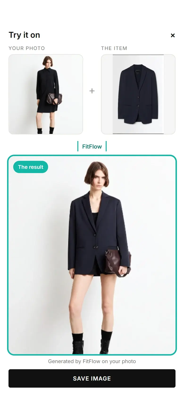 FitFlow: the photo of the shopper, the blazer and the try-on result