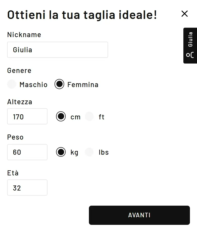 SizeFlow: altezza, peso, età e genere