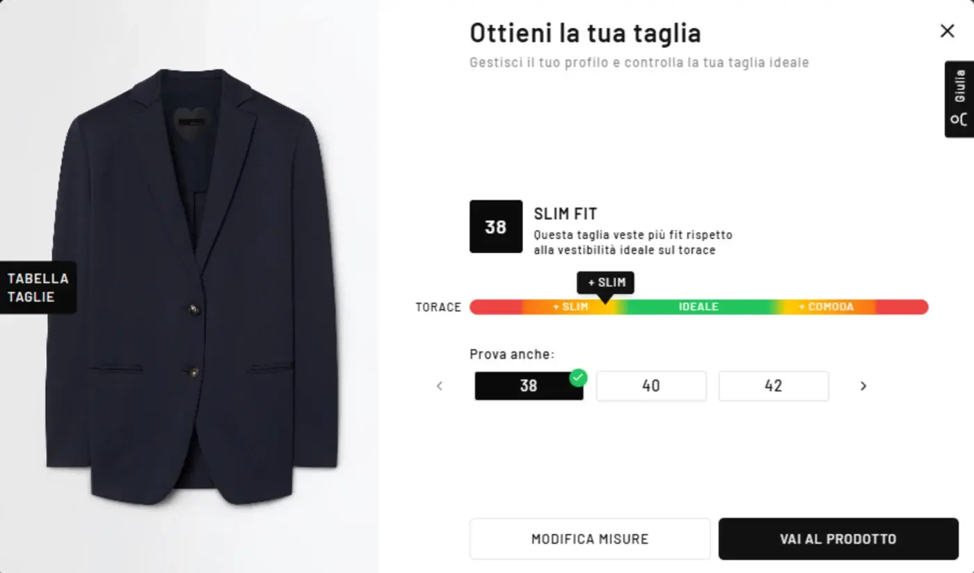 SizeFlow sul negozio demo: taglia 38 slim fit